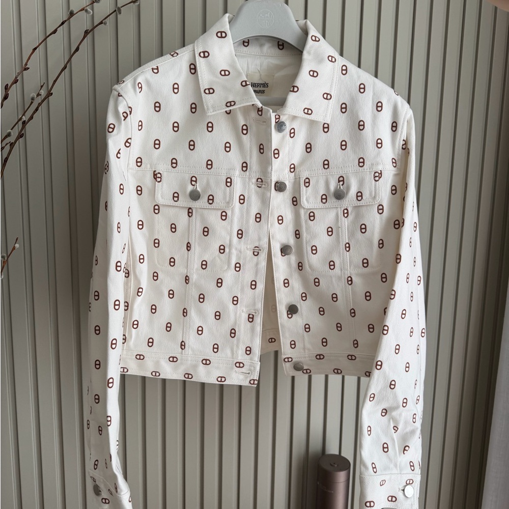 Hermes Cream Cropped Jean Jacket with Brown Logo Motif